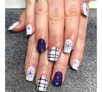 MZRAN 24x Short False Nails Christmas Press On Nails Glittering Stripes Full Covers Stick on Nails Snowflake Artificial Nails