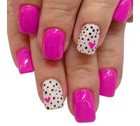 MZRAN 24x Short Square False Nails Heart Polker Dots Stick on Nails Glossy Artificial Nails Valentines Day Press On Nails