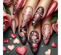 MZRAN 24x Valentines Day Press On Nails Flowers False Nails Heart Artificial Nails Mediums Almond Full Covers Stick on Nails