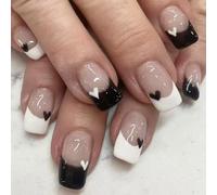 MZRAN 24x Valentines Day Press On Nails Mediums Square False Nails Black White Heart Stick on Nails French Tip Acrylic Nails