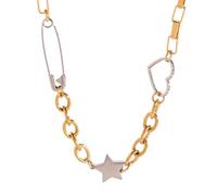 MZRAN Classical Vintage Necklace Featuring Five-Pointed Star and Love Heart Paper Clip Charm Stainless Steel Neck Chain