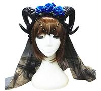 MZRAN Halloween Carnival Lolita Headband Sheep Horn Rose Flower Chain Crown Hair Hoop for Vampire Demon Mesh Veil Gothic Cosplay Headpiece