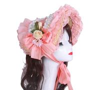 MZRAN Handmade Victorian Bonnet Hat With Ruffled Trim And Flower Straw Sun Hat For Vintage Enthusiast Teaparty Costume Props