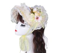 MZRAN Handmade Victorian Bonnet Hat With Ruffled Trim And Flower Straw Sun Hat For Vintage Enthusiast Teaparty Costume Props