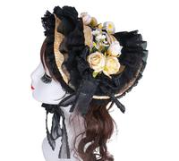 MZRAN Handmade Victorian Bonnet Hat With Ruffled Trim And Flower Straw Sun Hat For Vintage Enthusiast Teaparty Costume Props