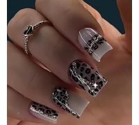 MZRAN Leopards Print Press On Nails Glittering Full Covers False Nails Short Square Stick on Nails Winter Artificial Nails
