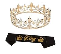 MZRAN Party Royal Crowns With Sashes For Men Women Birthday King Rhinestones Crowns Shoulder Wrap Set Evening Party Props Supply