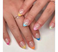 MZRAN Short Almond Press on Nails Fake Nails Glossy Acrylic Artificial Nails Stick on Nails for Womens 24Pcs Glues On Nails