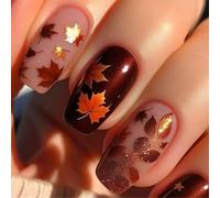 MZRAN Thanksgiving Press on Nails Square Short Glossy Full Covers Acrylic False Nails with Maple Leaves Designs 24Pcs