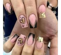MZRAN Valentines Day False Nails Mediums Square Press On Nails French Tip Stick on Nails Glittering Heart Artificial Nails