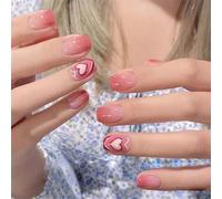MZRAN Valentine's Day Press on Nails Short Square Artificial Nails Peach Heart Acrylic False Nails Glossy Stick on Nails 24Pcs