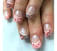MZRAN Valentine's Day Press on Nails Short Square False Nails Glitters Heart Designs French Tip Stick on Nails Manicure