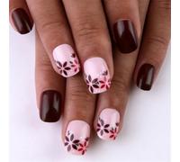 MZRAN Valentine's Day Short Square Press on Nails Flower Designs Full Covers False Nails French Tips Stick on Nails Manicure