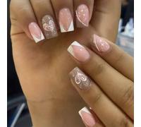 MZRAN White French Tip Press On Nails Valentines Day Stick on Nails Lovely Heart Full Covers False Nails Manicures Supplies