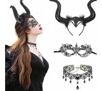 MZSYLK Halloween Costume Women's Accessories Women's Queen Horns Headband with Lace Mask + Gothic Lace Necklace for Halloween Cosplay Party