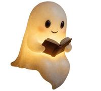 MZU Cute Ghost Reading Book Lamp, 3D Resin Halloween Ghost Night Light, Ghost Warm Lighted Indoor Figurine Lamps for Party Bedroom Study Room Funny Indoor 3D LED Nightlight Figurine (6 inch)