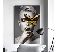 N / A Canvas decorative prints Modern Black White Poster Wall Art Canvas Painting Women Butterfly Lips Gold Print Picture for Living Room Home Design 24x32inch