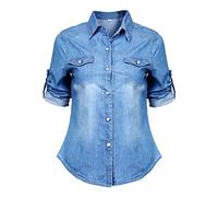 N/AA Women Fashion Long Sleeve Denim Blouses Soft Solid Color Lapel Button Shirt Slim Tops (Blue, S)