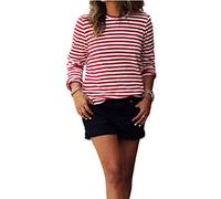 N/AA Women Red White Striped Shirt Loose Long Sleeve O-Neck Basic Tops Tee Autumn Pullovers (Red, M)