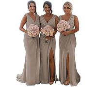 N/ C Women Double V Neck Long Bridesmaid Dress Chiffon with Formal Evening Prom Party Gowns Taupe UK14
