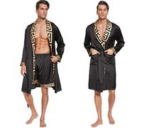N&D Eyong Men's Luxurious Silk Bathrobes Long Sleeve Satin Kimono Robe with Shorts Sleepwear Set Printed Bathrobes, Black, XL