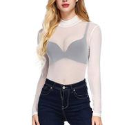 N / D Women See Through Shirts Mesh Tops Long Sleeve Turtleneck Neck Sheer Blouse Crop Top (White, S)