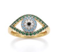 Jewelco London Women's Gold-plated Silver Green Blue Black CZ Anti Envy Evil Eye Ring in Gold | Size: N Jewelco London Gold N