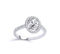 (N) Jewelco London Ladies Rhodium Plated Sterling Silver Oval CZ Shoulder Set Oval Halo Solitaire Engagement Ring - GVR907