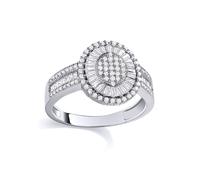 Jewelco London Women's Silver Baguette CZ Oval Dome Radial Halo Sunburst Engagement Ring | Size: N Jewelco London Silver N