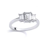 Jewelco London Rhodium Plated Sterling Silver Emerald CZ Ice Block Art Deco Graduated Trilogy Engagement Ring - Size N