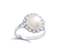 Jewelco London Women's Silver CZ Pearl Sunflower Cluster Dress Ring 9mm | Size: N Jewelco London Silver N