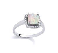 (N) Jewelco London Sterling Silver Opal Cushion Cubic Zirconia Halo Cluster Solitaire Engagement Ring - GVR548OP
