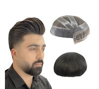 N.L.W. Men's Toupee Hair Replacement Human Hair System Hairpiece Swiss Lace Combine with Thin PU Natural Black Men Wigs Base 10 * 7