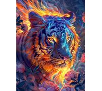 N.LANSHAN 11CT Animal DIY Cross Stitch Kit Fantasy Flame Tiger Stamped Cross Stitch Kits with Needles Scissor Threaders Punch Needle Set for Home Wall Decor 60x80cm