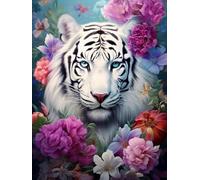 N.LANSHAN 11CT Animal DIY Embroidery Kits Fantasy White Tiger and Flowers Counted Cross Stitch Kits for Adults Beginners,Stamped Printed Patterns Embroidery Set for Wall Art Decor 30x40cm