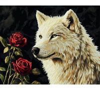 N.LANSHAN 11CT Animal DIY Punch Needle Kit White Wolf and Roses Counted Cross Stitch Kits for Adults Beginners，Stamped Printed Patterns Embroidery Set for Wall Art Decor 30x40cm