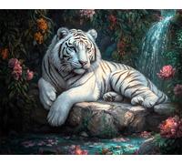 N.LANSHAN 11CT Animal DIY Stamped Cross Stitch Kits for Adults Fantasy White Tiger and Flowers Cross Stitch Kits Stamped,Embroidery Set DIY Hand Needlework Art for Beginners Adults 30x40cm