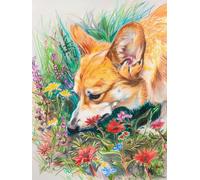 N.LANSHAN 11Ct DIY Cross Stitch for Beginners Corgi Animal Punch Needle Kit Dog and Flowers Printed Cross Stitch Kits,Stamped Embroidery Kits for Adults Wall Art Home Decoration 30x40cm