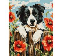 N.LANSHAN 11CT Dog Animal DIY Cross Stitch Kits for Adults Border Collie and Flowers Pre-Printed Embroidery Set DIY Hand Needlework Art Stamped Cross Stitch Kits for Beginners 40x50cm