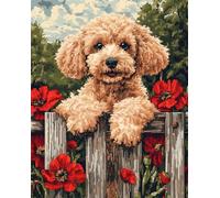 N.LANSHAN 11CT Dog Animal DIY Cross Stitch Kits for Adults Poodle Climbing On The Fence Cross Stitch Kits Stamped,Embroidery Set DIY Hand Needlework Art for Beginners Adults 60x80cm