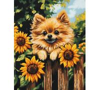 N.LANSHAN 11CT Dog Animal DIY Printed Cross Stitch Kit Pomeranian Climbing On The Fence Cross Stitch Kits Counted Printed Embroidery Set with Needles Scissor Threaders for Adults Beginners 60x80cm