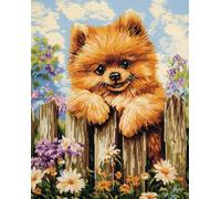 N.LANSHAN 11CT Dog Animal DIY Punch Needle Kit Pomeranian Climbing On The Fence Counted Cross Stitch Kits for Adults Beginners，Stamped Printed Patterns Embroidery Set for Wall Art Decor 40x50cm