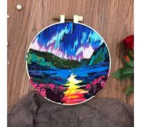 N.LANSHAN 3D French Embroidery Kit Aurora Scenery Embroidery Patterns Fantasy Landscape Needlepoint Kit，Cross Stitch Kit for Beginners with Needles，Threads，Fabric，Hoop and Instruction 30x30cm