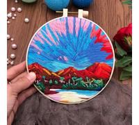 N.LANSHAN 3D French Embroidery Kit Red Mountains Punch Needle Kit Fantasy Landscape 3D Embroidery Starter Kit with Instructions,Embroidery Hoops,Threads and Tools 30x30cm