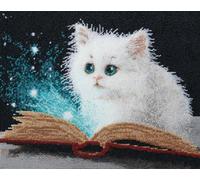 N.LANSHAN Animal DIY Latch Hook Cushion Kits White Cat and Books DIY Latch Hook Rug Kits,Crochet Kit for Beginners,Carpet Making Set with Printed Canvas，Gift 80x115cm