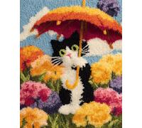 N.LANSHAN Animal DIY Latch Hook Rugs Kits Cat Holding an Umbrella DIY Latch Hook Rug Set,Carpet Making Kit，Cross Stitch Embroidery Kits Needlework Crafts 60x90cm
