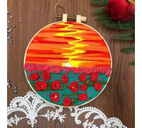 N.LANSHAN Embroidery Kits for Adults Red Flowers Punch Needle Kit Sunset Scenery Stamped Cross Stitch Kits，3D Embroidery Set with Patterns and Instructions,Hoops Threads and Needles 30x30cm