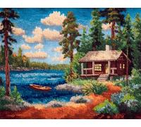 N.LANSHAN Landscape DIY Latchook Kit Riverside Cabin DIY Latch Hook Rug Making Kits for Beginners Unfinished Crocheting Tapestry Embroidery Carpet 55x75cm