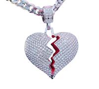 N-Made Beautiful Broken Heart Pendant Necklace, Iced Out for Men and Women, Hip Hop 316L Stainless Steel Chain, 16 Inches, Stainless Steel, Cubic Zirconia