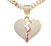 N-Made Beautiful Broken Heart Pendant Necklace, Iced Out for Men and Women, Hip Hop 316L Stainless Steel Chain, 24 inches, Zinc, Cubic Zirconia